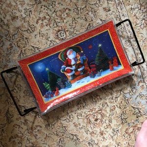 GORHAM Christmas Santa Crystal Rectangular Serving Cookie Tray & Metal Rack NEW